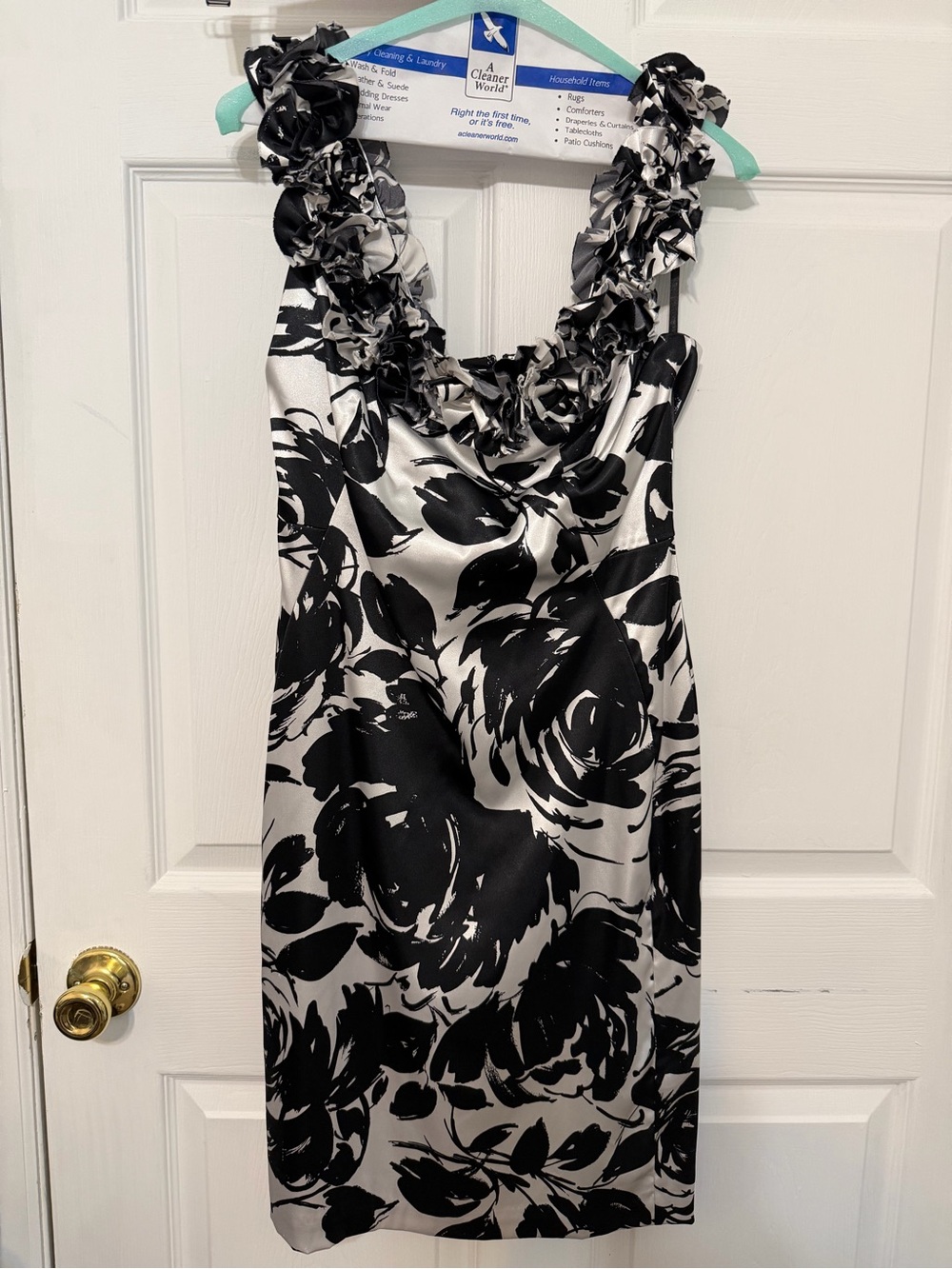 White House Black Market Black and White Floral Ruffle-Trim Strapless Dress